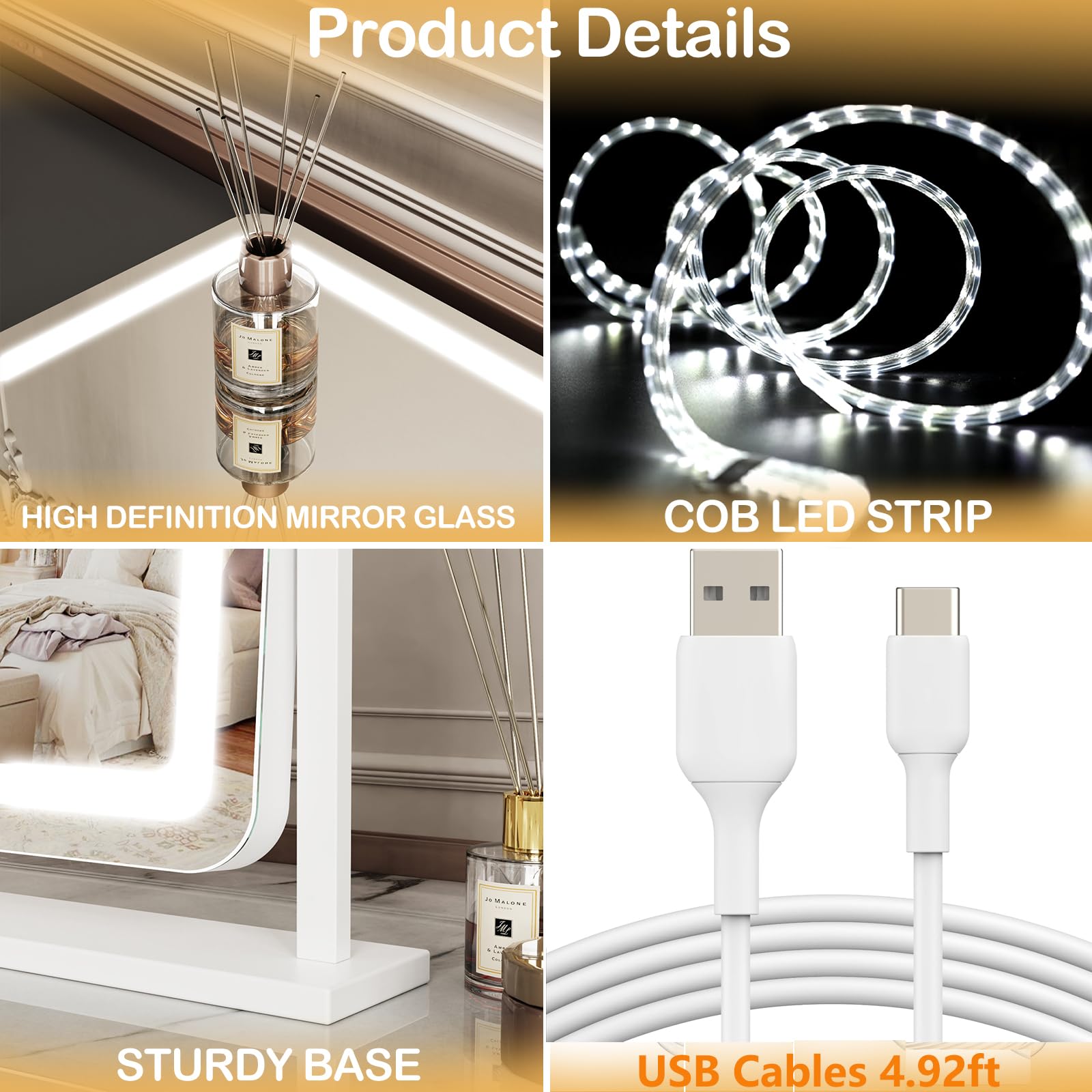 Gvnkvn Makeup Vanity Mirror with Lights 15.2" Large LED Lighted Mirror, Hollywood Make Up Mirror with Lighting for Bedroom Tabletop, Smart Touch,Detachable 10X Magnification 360° Rotation, (White)